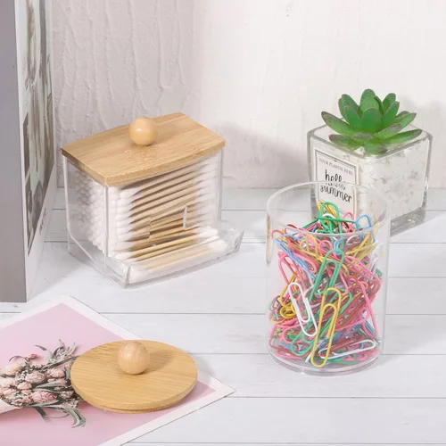 Vista 6 de Juego de accesorios de baño de bambú, 4 piezas, soporte para cepillos de dientes transparente, dispensador de jabón de plástico y 2 soportes