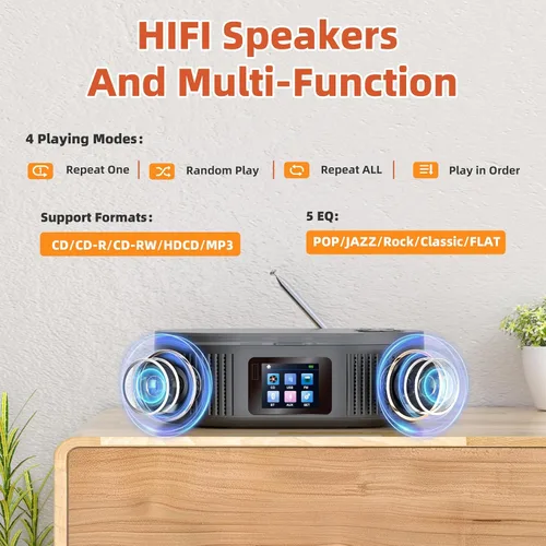Vista 6 de DESOBRY, Reproductor de CD Boombox portátil con modos Bluetooth TX/RX y Negro