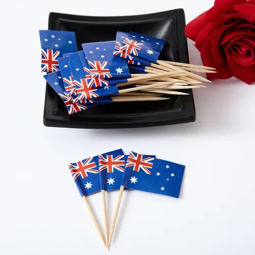 Vista 2 de GentleGirl 100 banderas australianas con palillos de dientes de Australia, pequeñas mini decoraciones australianas para cupcakes
