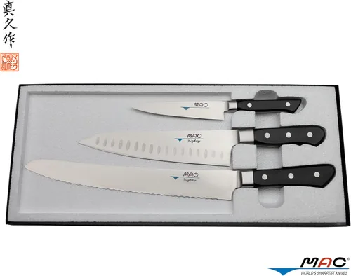 Vista 3 de MAC Juego de cuchillos serie profesional 3 piezas PRO-31, MTH-80 Pro series 8" cuchillo de chef con hoyuelos, PKF-50 Pro serie 5" cuchillo de pelar