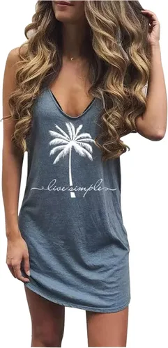 Vista 15 de CHUNTIANRAN Mini vestido para mujer, vestido hawaiano sin mangas para playa 1776 negro