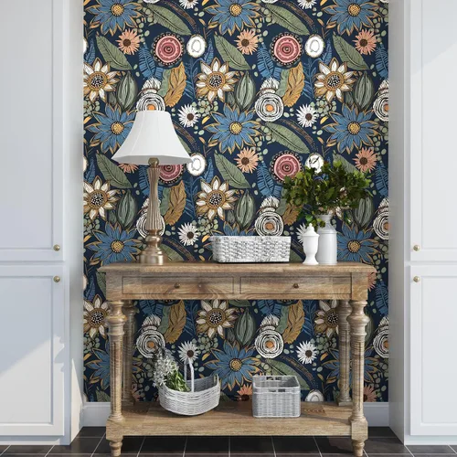 Vista 6 de Papel tapiz bohemio para despegar y pegar, papel de contacto floral vintage oscuro, papel de pared retro de flores botánicas autoadhesivo
