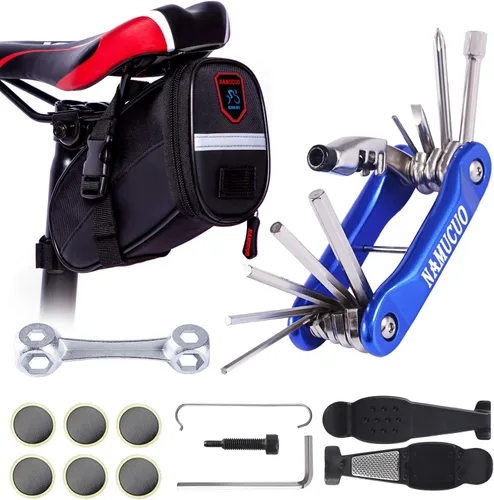 Vista 8 de YBEKI Kit de reparación de bicicleta 10 en 1 con palancas de neumáticos 3 en 1, parches sin pegamento, llave de hueso multifuncional y bolsa