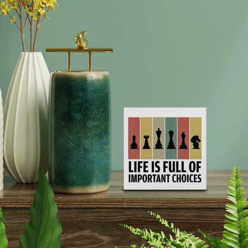 Vista 3 de Life is Full of Important Choices - Cartel de madera de ajedrez para decoración de escritorio, caja de madera de ajedrez, letrero de bloque rústico
