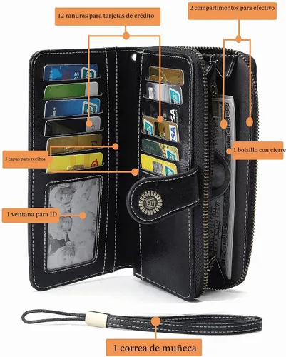 Vista 3 de Billetera de cuero para mujer, de gran capacidad, con cremallera, cartera con cremallera para mujer 1-negro
