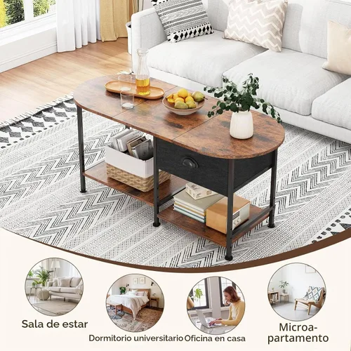 Vista 7 de Mesa de centro ovalada pequeña de 37 pulgadas con almacenamiento, mesa central de madera moderna para espacios pequeños, apartamento, oficina