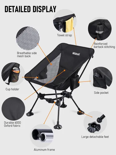 Vista 7 de WildCall Silla de camping plegable y ligera, silla de playa compacta con pies grandes que no se hunden