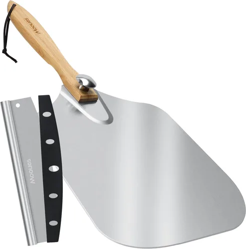 Vista 8 de Pala de Pizza de Aluminio Espátula de Pizza, Mooues Pala de Pizza de Metal de 12 pulgadas (12"x 14") con Cortador Basculante Mango de Madera