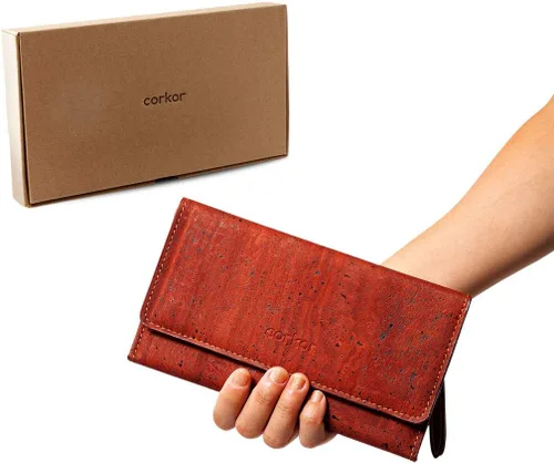 Vista 4 de Cartera de corcho vegano para mujer, delgada para tarjetas, funda plegable para tarjetas con bolsillo con cremallera, Rojo -, Classic