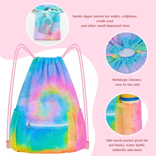 Vista 4 de Mochila de malla con cordón, bolsa de gimnasio deportiva grande para mujeres y niños con bolsillo y cremallera para playa, yoga, fútbol, fútbol