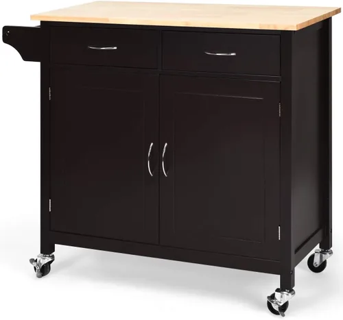 Vista 2 de Giantex Isla de cocina, carrito de cocina rodante, encimera de madera, carrito de servicio utilitario con armario de almacenamiento y 2 toalleros