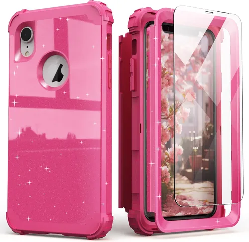 Vista 33 de IDweel Funda para iPhone XR, funda para iPhone XR con protector de pantalla de vidrio templado, 3 en 1, a prueba de golpes, delgada, híbrida, Negro