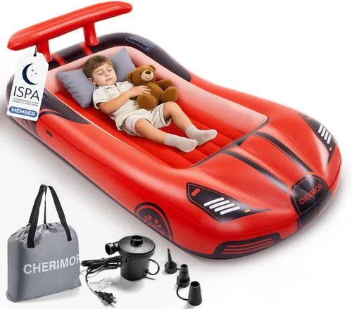 Vista 10 de CHERIMOR Cama inflable de viaje para niños pequeños con parachoques de seguridad y bomba de inflado automático de 2 minutos, colchón de aire
