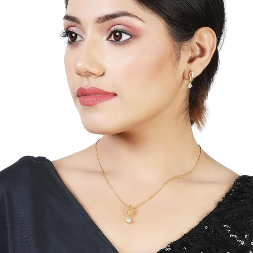 Vista 2 de Slaksworld - Juego de collar con colgante de solitario chapado en oro con diamantes americanos para mujeres y niñas Cadena ajustable y aretes