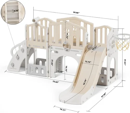 Vista 7 de XJD Juego de toboganes 9 en 1 para niños pequeños a partir de 1 año, juego de tobogán escalador con aro de baloncesto y pelota, parque infantil Beige