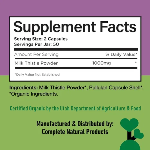 Vista 6 de Complete Natural Products Cápsulas puras de cardo mariano orgánico - 500 mg de polvo de silimarina 100 píldoras