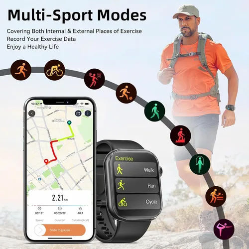 Vista 3 de Hwagol Reloj Inteligente (Contestar/Hacer Llamadas) Rastreador de Fitness de 1.85 Pulgadas, Esferas DIY/Podómetro/Calorías/Múltiples Modos Negro
