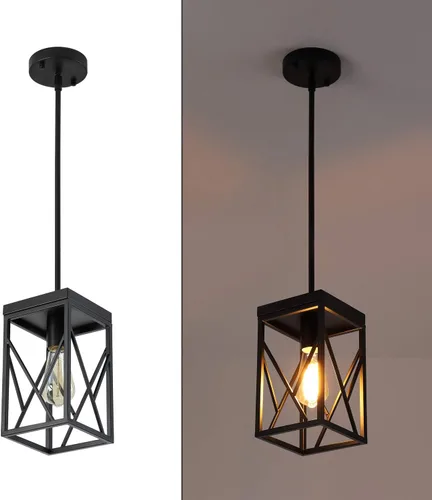 Vista 7 de Lámpara colgante moderna negra con jaula de metal, varillas ajustables de una sola luz, mini lámpara colgante industrial para cocina, isla, Negro