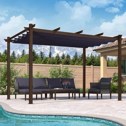 Vista 53 de PURPLE LEAF Pérgola de 10 x 12 pies con toldo retráctil, pérgola cuadrada de bronce de aluminio para patio al aire libre, junto a la piscina, beige