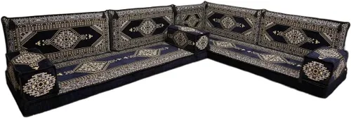 Vista 141 de arabicsofa Juego de asientos Jalsa en forma de L – Majlis árabe hecho a mano con almohadas de respaldo
