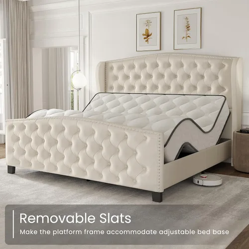 Vista 9 de LARMACE Base de cama tamaño Queen con tapizado de terciopelo, cama de plataforma con cabecera y pie de ala, base de cama con botones profundos