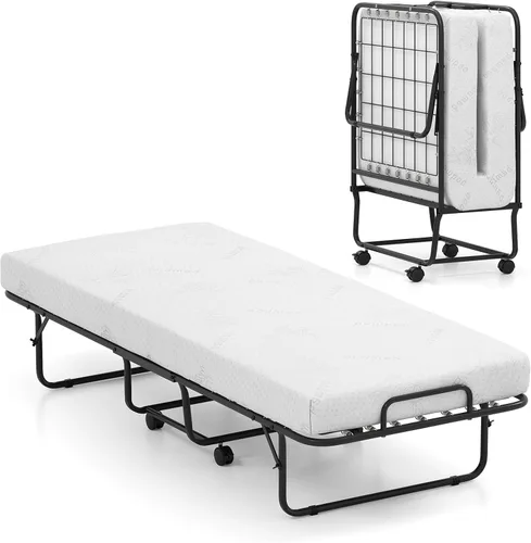 Vista 10 de GOFLAME Cama plegable con colchón de espuma viscoelástica, cama de invitados de tamaño individual con marco de metal resistente, cama plegable