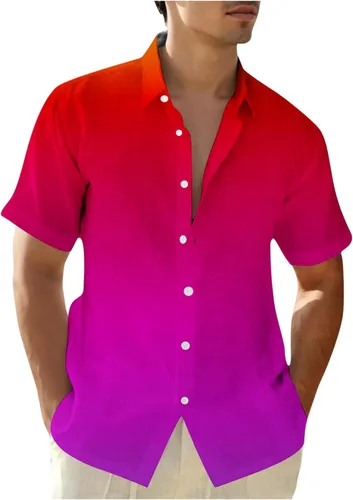 Vista 6 de Camisas con botones para hombre, de moda, de manga corta, color degradado, ajuste holgado, para vacaciones, playa, verano