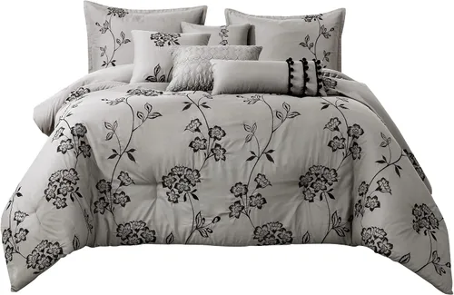 Vista 2 de Denise - Juego de edredón de 7 piezas, hermoso diseño de motivos con estampado bordado