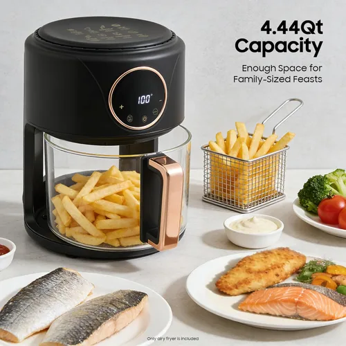 Vista 3 de Freidora de aire de vidrio de 4.44Qt 1200W, control de temperatura y tiempo 8 en 1 Black Non Toxic Air Fryer with Stainless Steel Grill 360° View