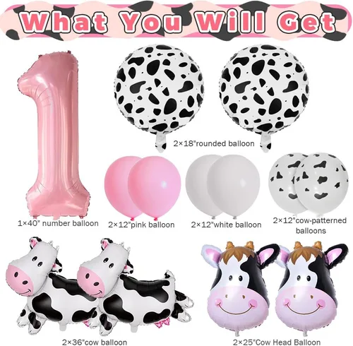 Vista 2 de Globos de vaca, decoraciones de cumpleaños con texto en inglés "Holy Cow Im One", globos con estampado de vaca para niña, fiesta de primer