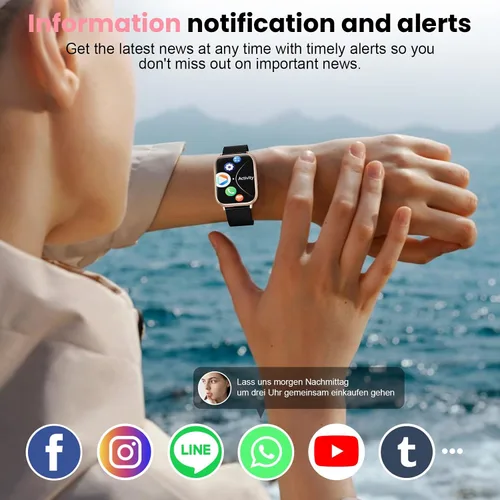 Vista 5 de Reloj inteligente para mujer, reloj de fitness de 1.83 pulgadas con presión arterial, llamadas/mensajes, seguimiento de ciclo femenino, frecuencia