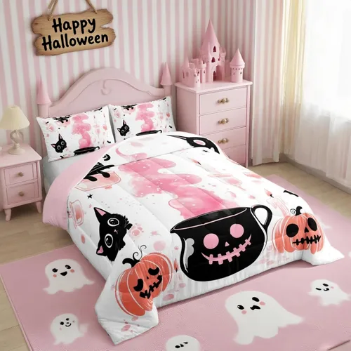 Vista 33 de Feelyou Juego de edredón de calabaza para todas las estaciones, decoración de Halloween, juego de ropa de cama con 1 funda de almohada, microfibra