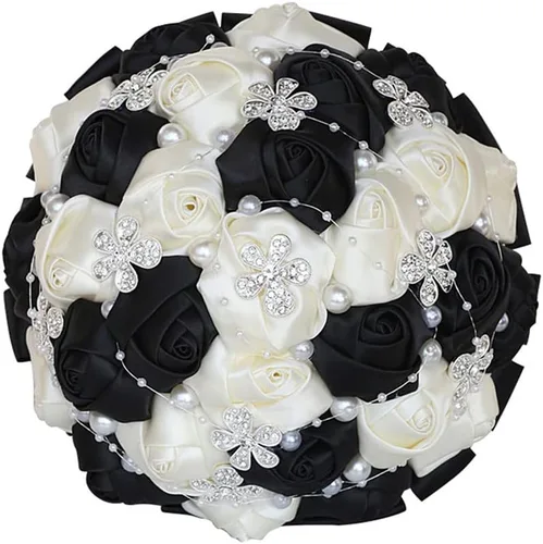 Vista 6 de XINNI Ramo de boda negro para novia, dama de honor, satén con diamantes de imitación y perlas para boda, fiesta de quinceañera, negro y marfil
