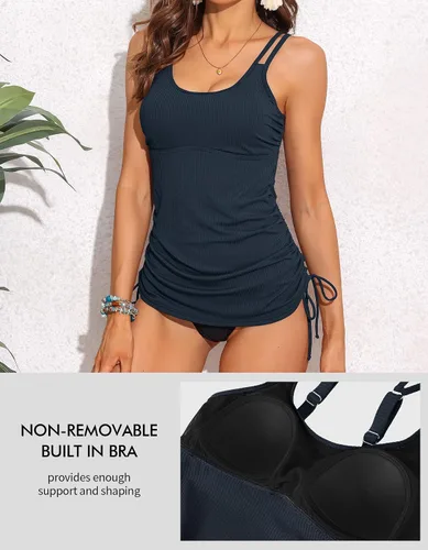 Vista 2 de ANFILIA Traje de baño deportivo para mujer, con cordón lateral, tela acanalada, control de barriga, traje de baño deportivo
