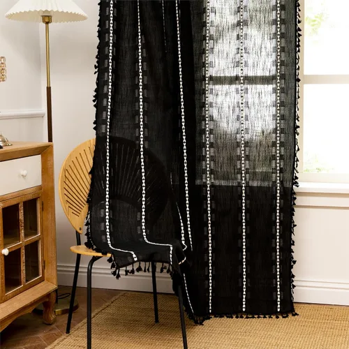 Vista 5 de Sutuo Home - Cortinas bohemias negras de 84 pulgadas de largo para dormitorio y guardería, cortinas de estilo rústico con dobladillo para barra