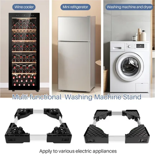 Vista 2 de Rodillos para electrodomésticos, resistente, ajustable, mini soporte para lavadora y secadora con 16 ruedas de bloqueo, base universal para muebles