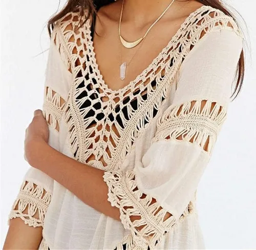 Vista 5 de Blusa para mujer estilo bohemia con cuello en V, túnica, blusas, para cubrir traje de baño.