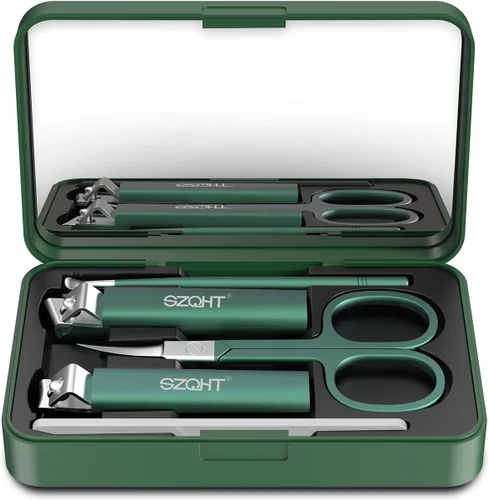 Vista 2 de Bonito juego de aseo premium 5 en 1: cortaúñas, lima, púa de orejas, tijeras para el cabello facial y espejo en una elegante caja de almacenamiento