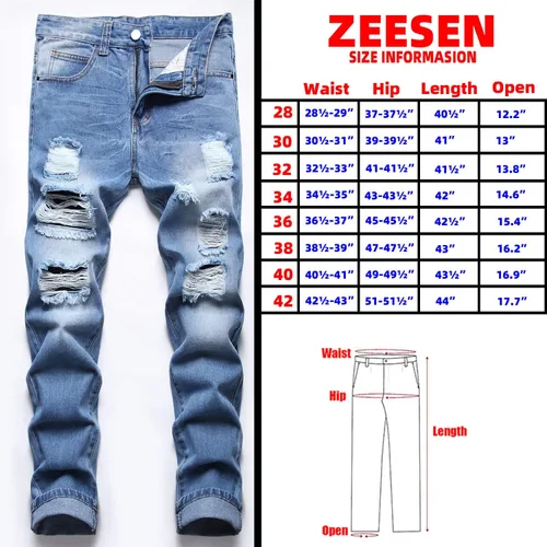 Vista 2 de ZEESEN Jeans rasgados para hombre, ajustados, ajuste regular, pierna cónica, desgastados, pantalones de mezclilla para hombre con agujero