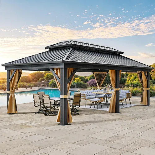 Vista 20 de YITAHOME Cenador de techo duro de 10x10 pies con redes y cortinas, acero galvanizado de doble techo resistente combinado con techo de rayas Gris