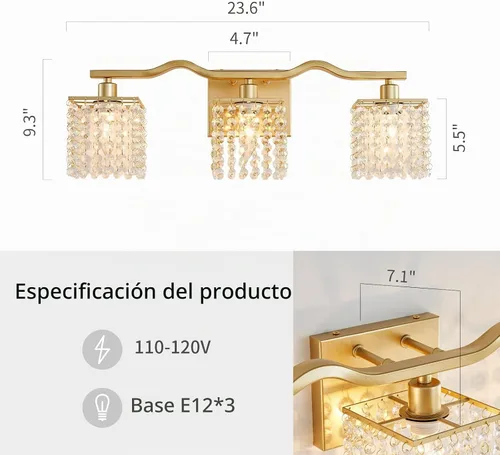 Vista 2 de WUZUPS Lámpara de Baño de 3 Luces sobre Espejo, Apliques de Pared de Tocador Modernos, Luz de Gota de Cristal Transparente para Dormitorio, Sala