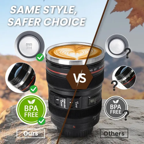 Vista 4 de Taza de café con lente de cámara, a prueba de fugas, 13.5 onzas, SUS-304, taza de viaje de acero inoxidable con cuchara, sin BPA, tapa para Negro