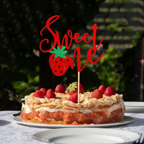Vista 3 de 1 pieza de fresa Sweet One Cake Topper para primer /1er cumpleaños de fresa para pastel de fresa tema de fruta dulce, baby shower, suministros