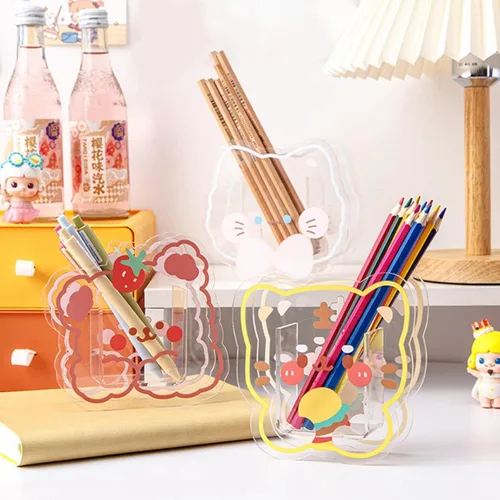 Vista 2 de Kawaii - Organizador de escritorio de acrílico transparente con diseño de oso lindo conejito de oficina, papelería, cosméticos, caja