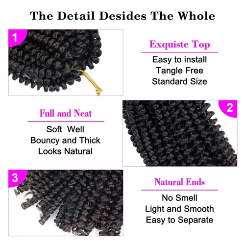 Vista 4 de Extensiones de cabello trenzado de resorte, 6 paquetes de 8 pulgadas, esponjoso, de ganchillo, Passion Twist, extensiones de cabello sintético