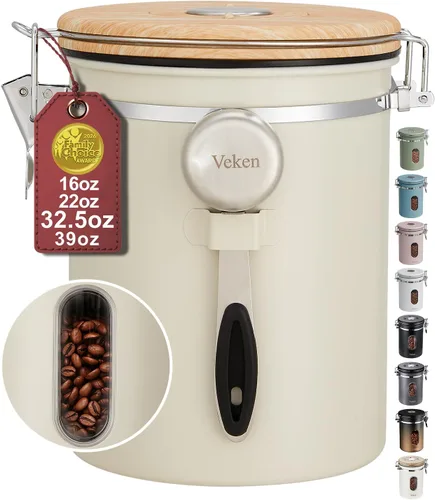 Vista 15 de Veken Recipiente de café con ventana, recipiente hermético de almacenamiento de alimentos de cocina de acero inoxidable con tapas, rastreador