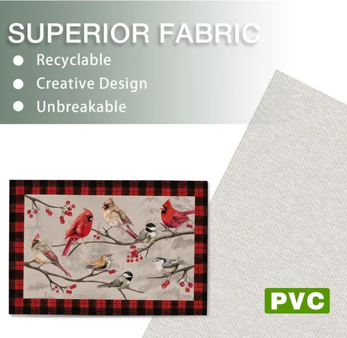 Vista 3 de Seliem Winter Birds - Juego de 4 manteles individuales de PVC, diseño vintage de cardenal con ramas de bayas rojas, manteles individuales de vinilo