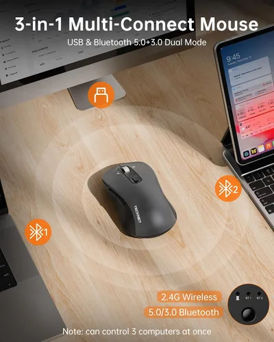 Vista 4 de TECKNET Ratón Bluetooth inalámbrico de 3 dispositivos con rueda de desplazamiento de 4 vías gris Metal Scroll Wheel, Silent Click, Ambidextrous