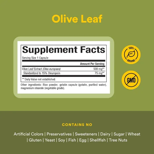 Vista 4 de HerbalFactors by Natural Factors, Hoja de Olivo 500 mg, Fórmula Natural de Bienestar, 60 Cápsulas