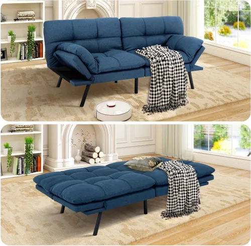 Vista 11 de MUUEGM Sofá cama futón de espuma viscoelástica, moderno sofá de oficina de tela azul, sofá convertible para espacios pequeños, apartamento, oficina